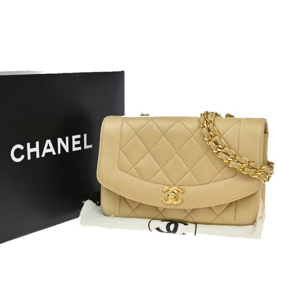 CHANEL CC Diana Matelasse 22 Chain Shoulder Bag Leather Beige Vintage 396RF398 - Picture 1 of 16